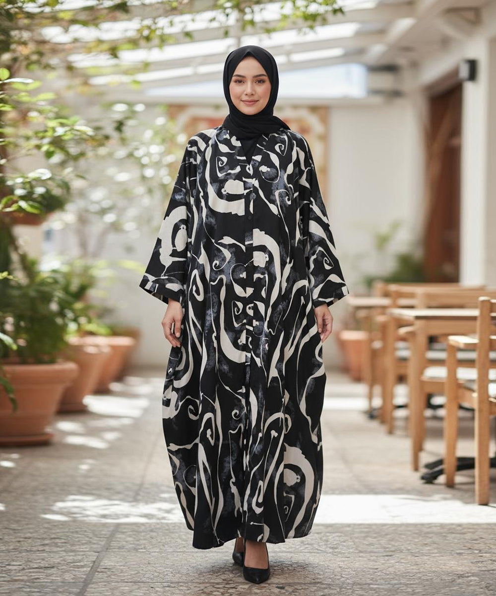 Luxurious Front Button Full Gheer Abaya Black w Bold Abstract Swirl Patterns