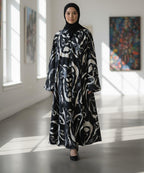 Luxurious Front Button Full Gheer Abaya Black w Bold Abstract Swirl Patterns