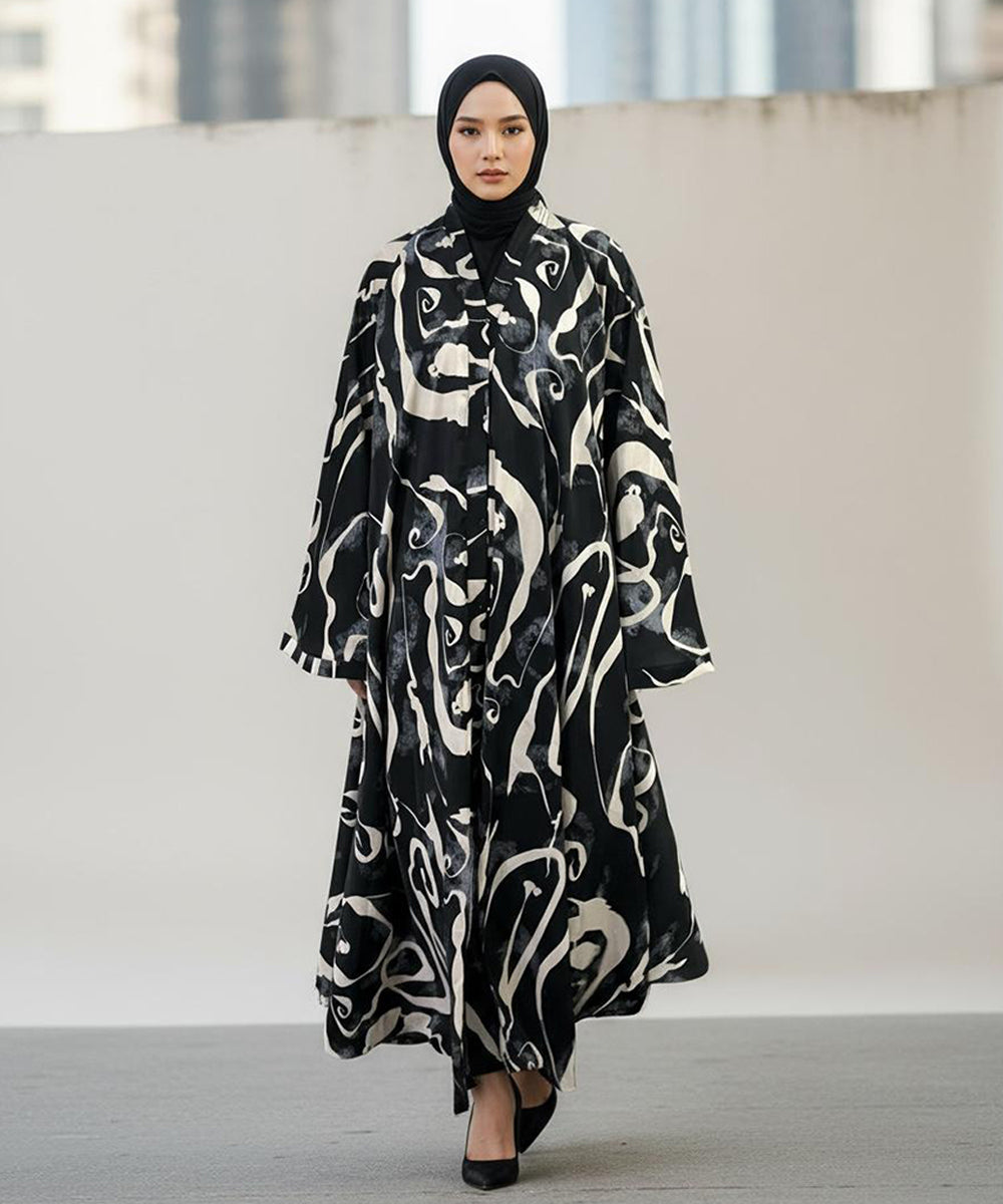 Luxurious Front Button Full Gheer Abaya Black w Bold Abstract Swirl Patterns