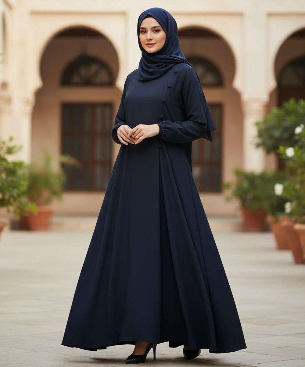 Modest Flowy Silhouette Abaya With Straight Gheera Navy Blue