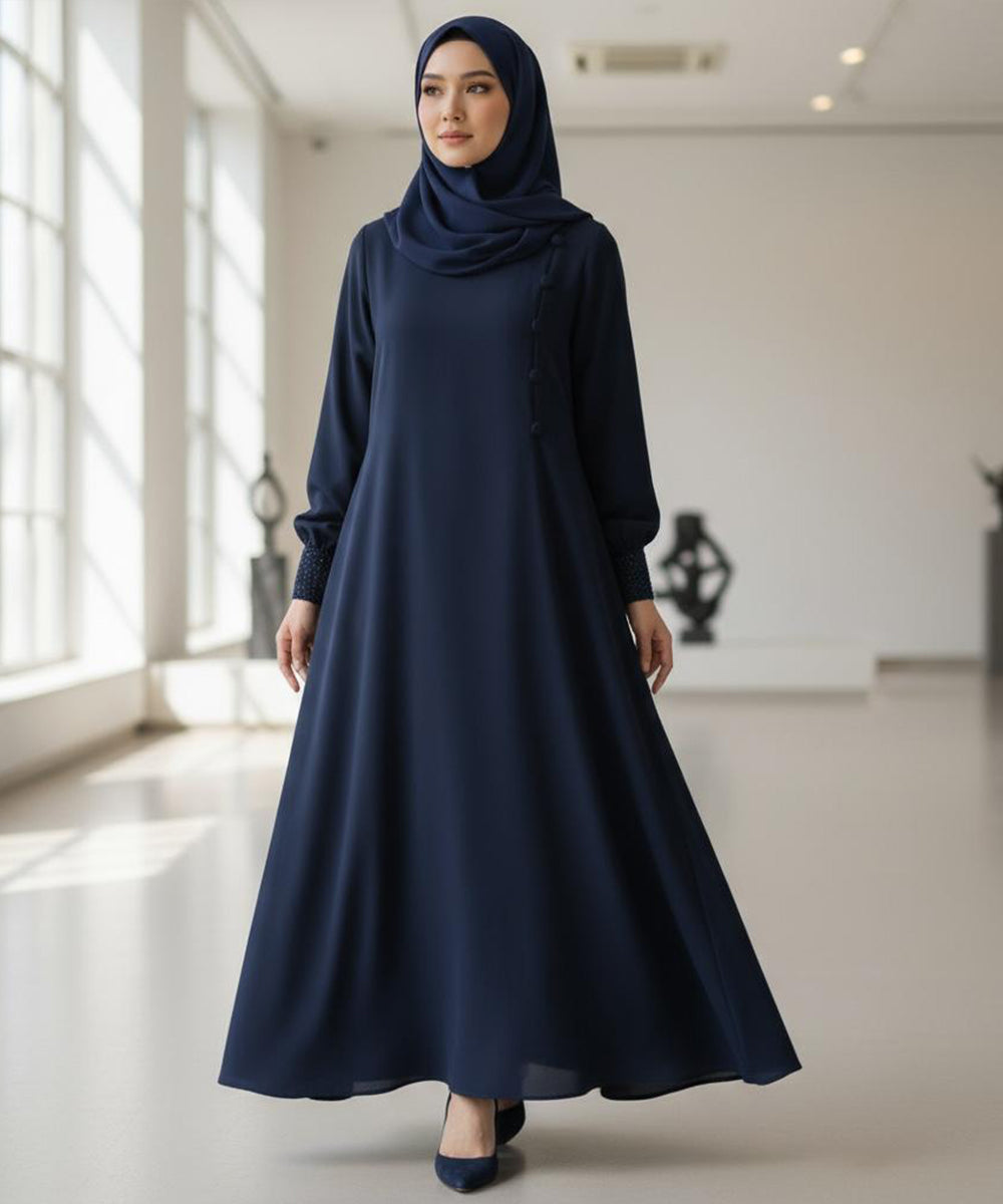 Modest Flowy Silhouette Abaya With Straight Gheera Navy Blue