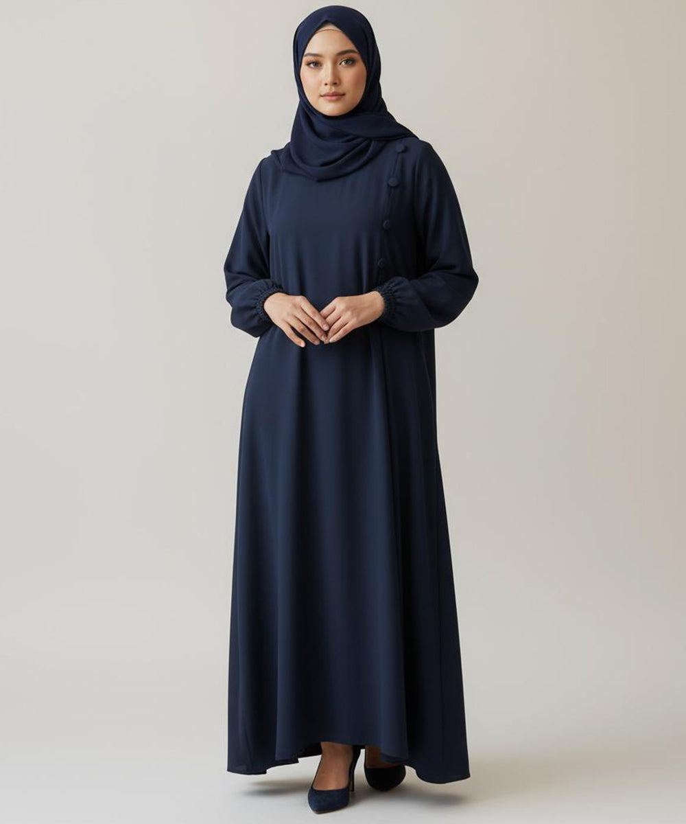 Modest Flowy Silhouette Abaya With Straight Gheera Navy Blue