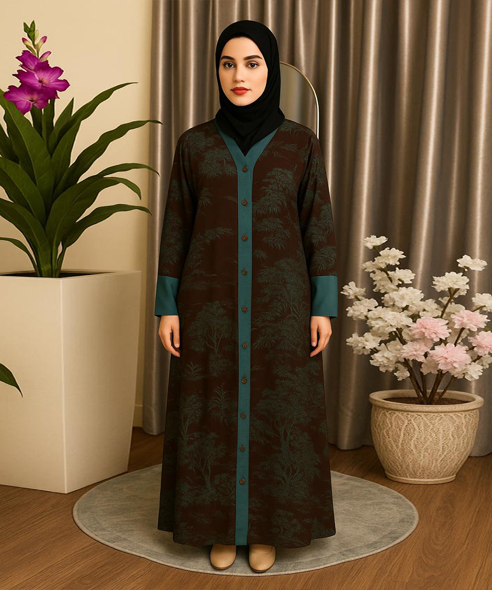 Front Open Abaya Dark Brown with Teal Detailing