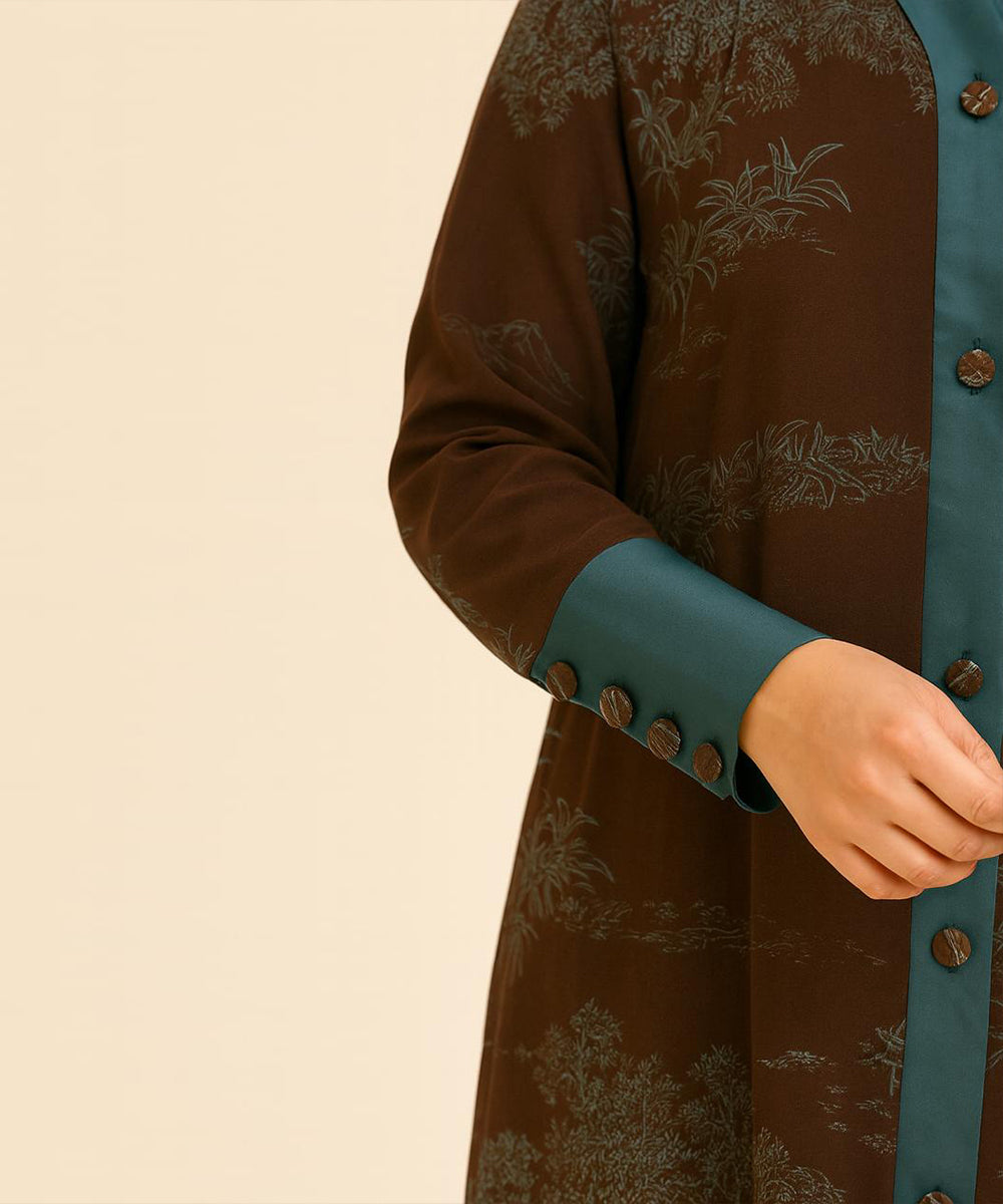 Front Open Abaya Dark Brown with Teal Detailing