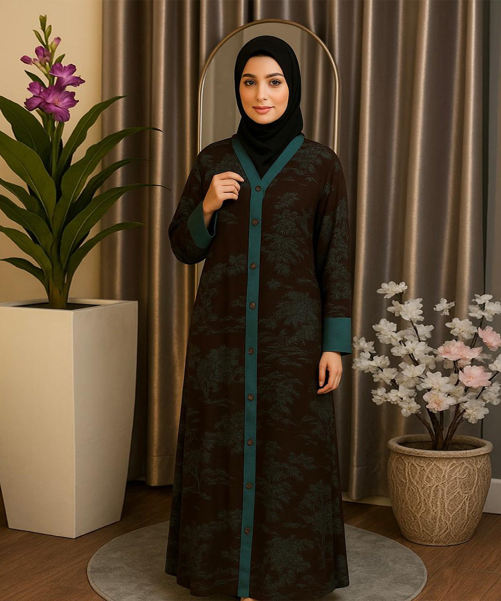 Front Open Abaya Dark Brown with Teal Detailing