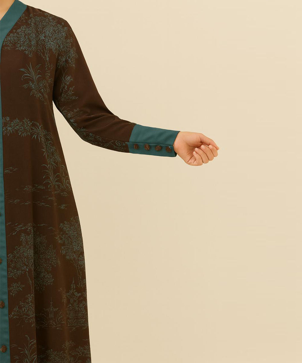 Front Open Abaya Dark Brown with Teal Detailing
