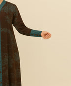 Front Open Abaya Dark Brown with Teal Detailing