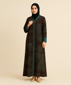 Front Open Abaya Dark Brown with Teal Detailing