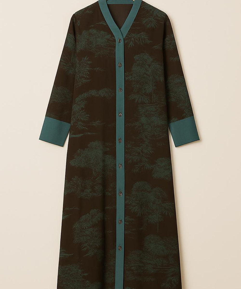 Front Open Abaya Dark Brown with Teal Detailing