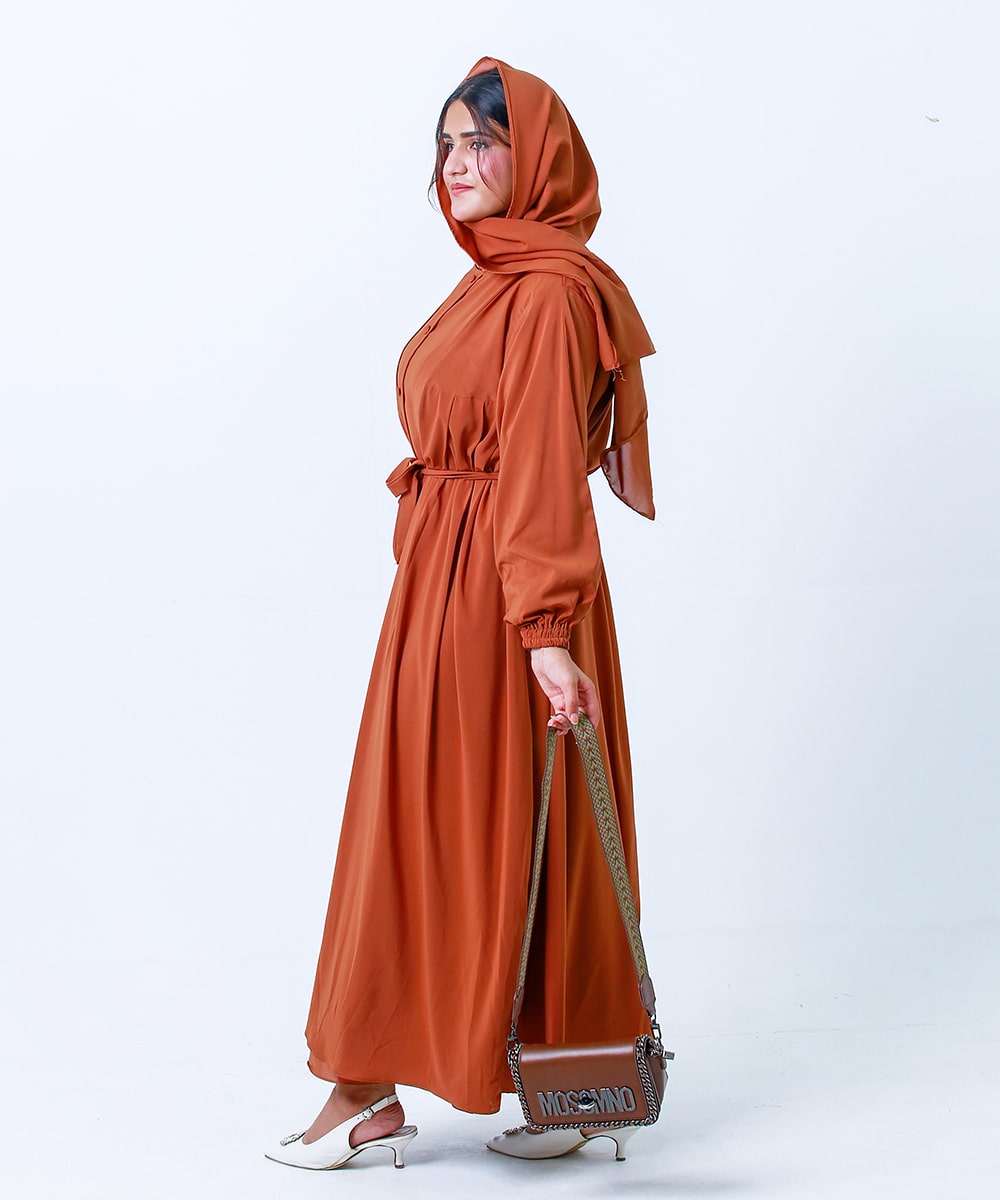 Plates Design Open Abaya Rust