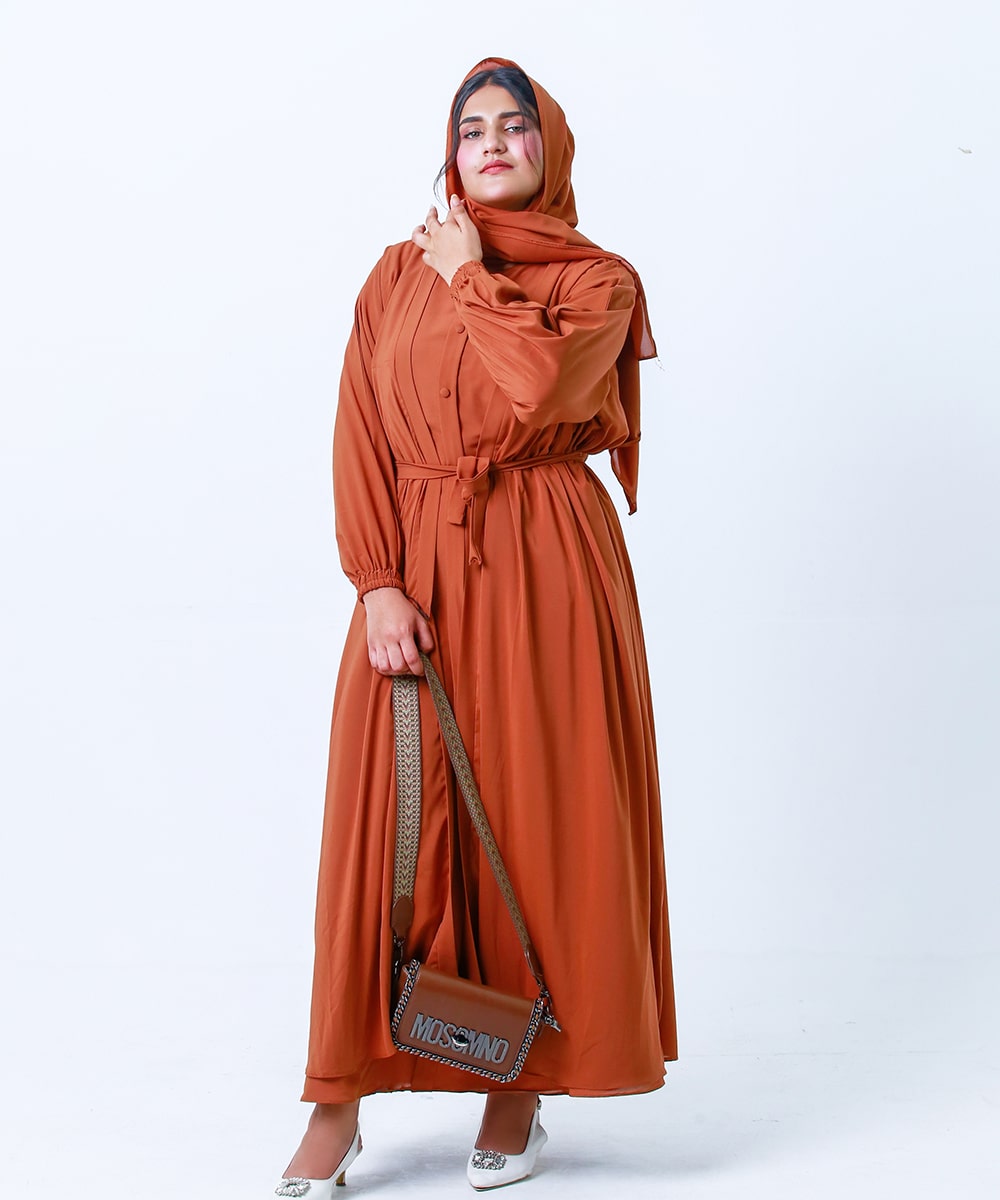 Plates Design Open Abaya Rust