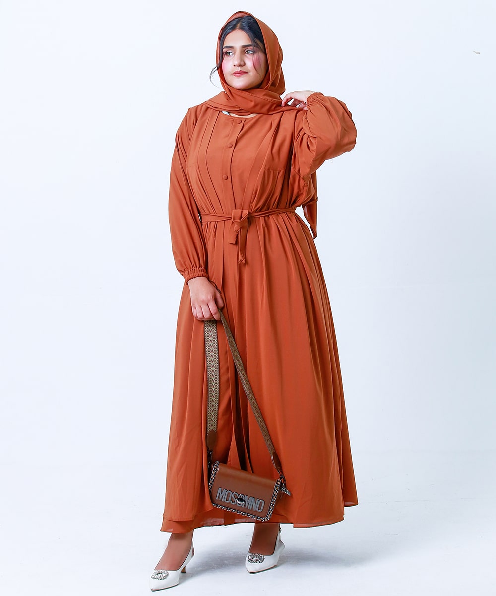 Plates Design Open Abaya Rust