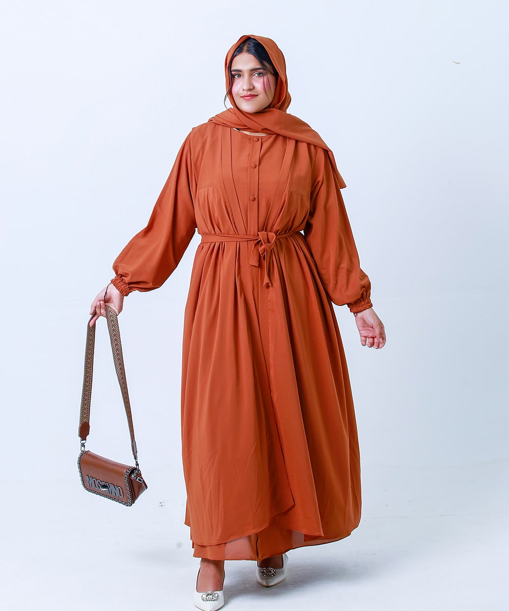 Plates Design Open Abaya Rust
