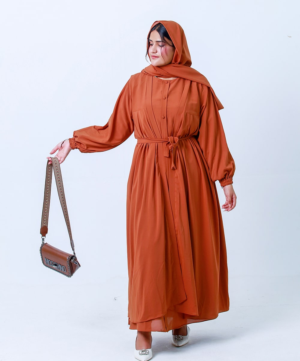 Plates Design Open Abaya Rust