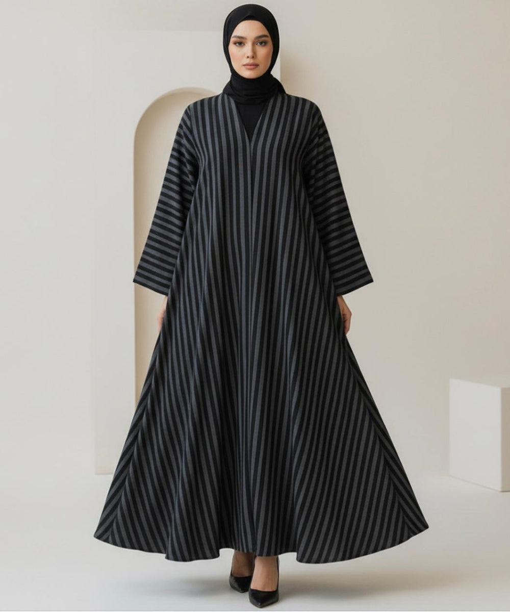 Premium Black & Grey Vertical Stripes Design Button Front Open Abaya