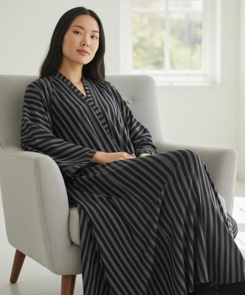Premium Black & Grey Vertical Stripes Design Button Front Open Abaya