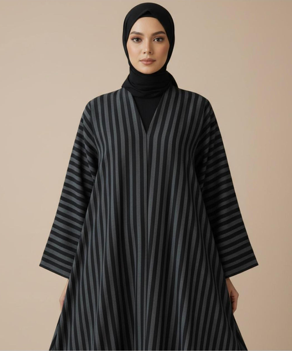 Premium Black & Grey Vertical Stripes Design Button Front Open Abaya