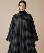 Premium Black & Grey Vertical Stripes Design Button Front Open Abaya