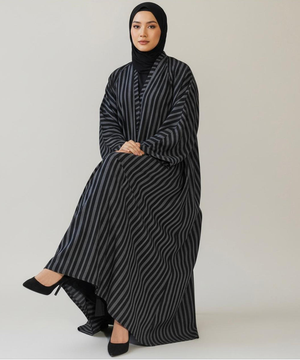 Premium Black & Grey Vertical Stripes Design Button Front Open Abaya