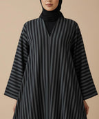 Premium Black & Grey Vertical Stripes Design Button Front Open Abaya