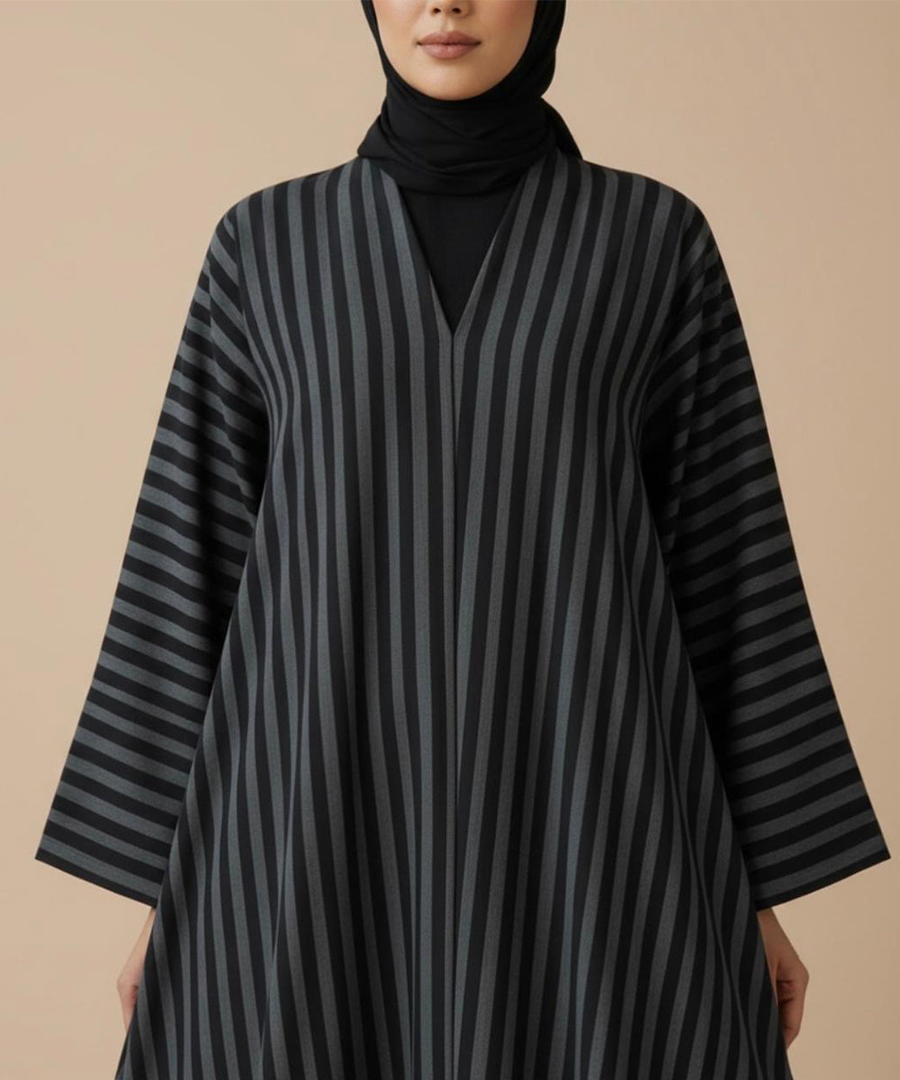 Premium Black & Grey Vertical Stripes Design Button Front Open Abaya