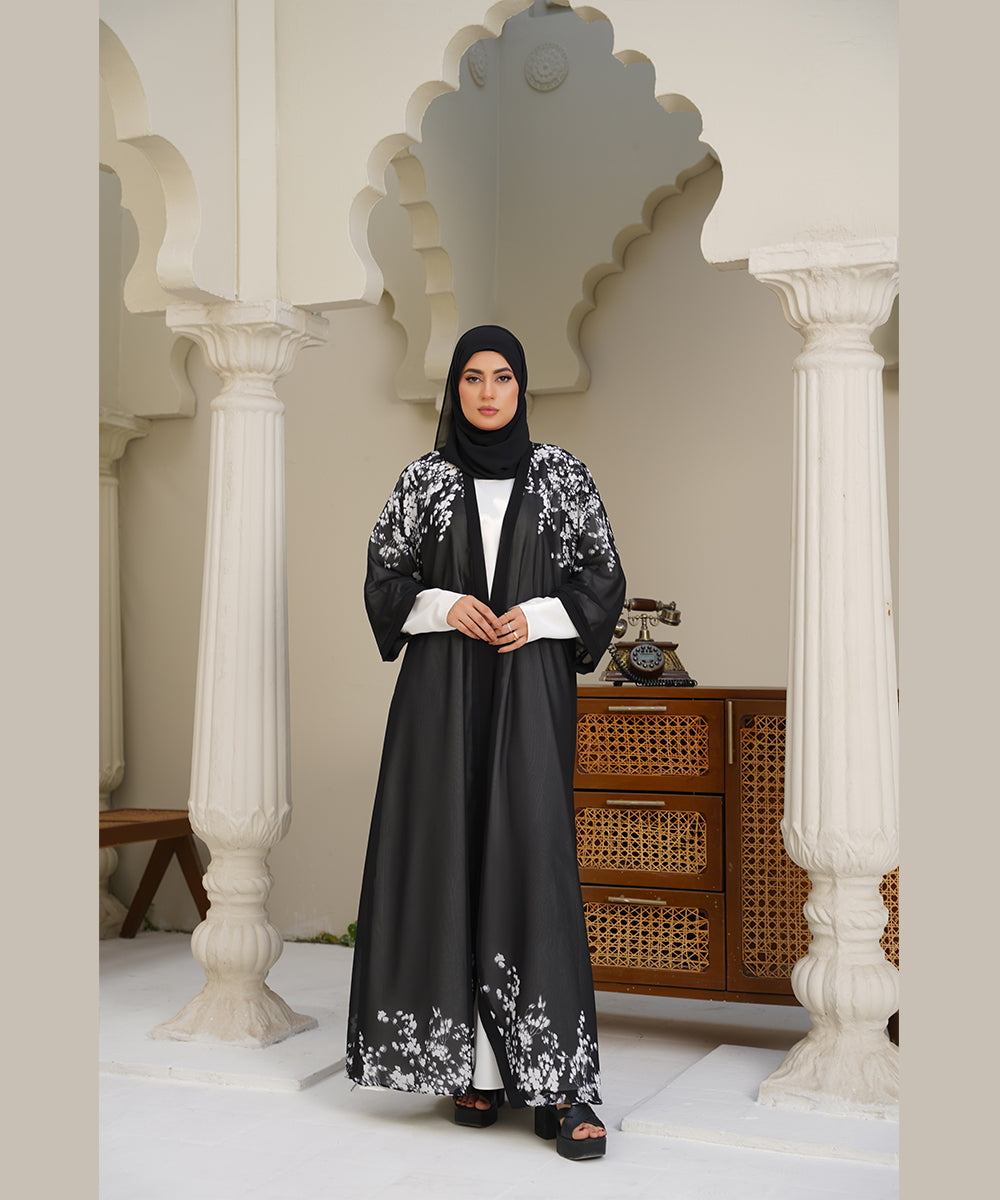 Printed Open Abaya Black Base with White Printed Floral Accents