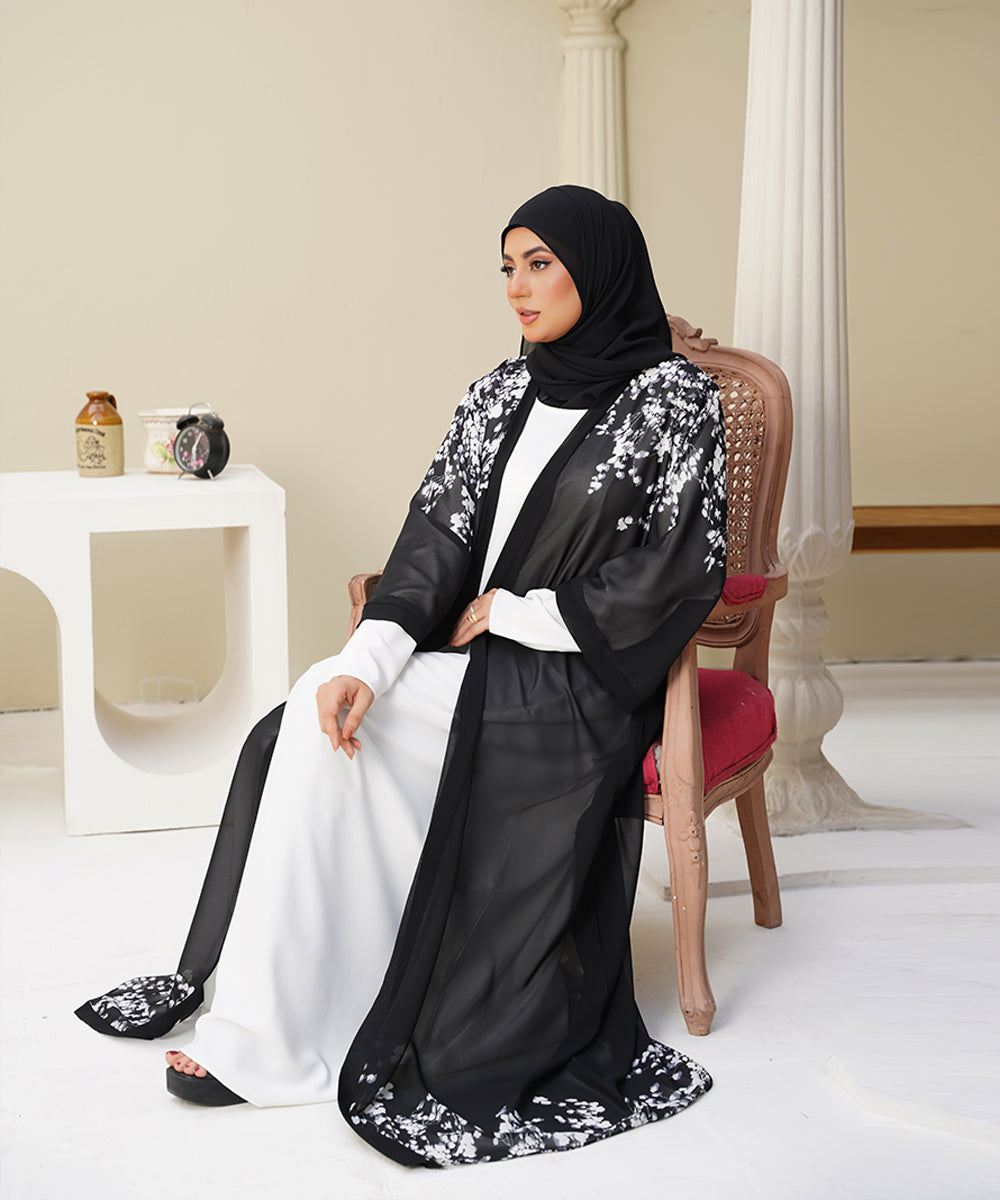 Printed Open Abaya Black Base with White Printed Floral Accents