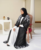 Printed Open Abaya Black Base with White Printed Floral Accents