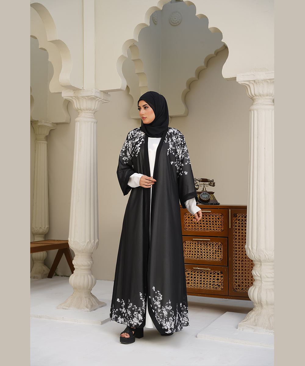Printed Open Abaya Black Base with White Printed Floral Accents