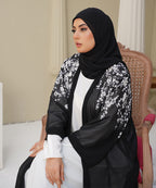 Printed Open Abaya Black Base with White Printed Floral Accents