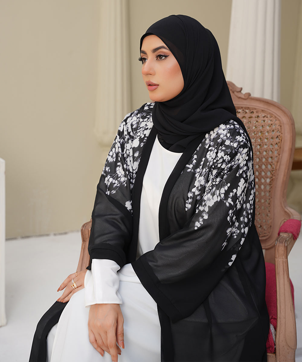 Printed Open Abaya Black Base with White Printed Floral Accents