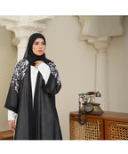 Printed Open Abaya Black Base with White Printed Floral Accents