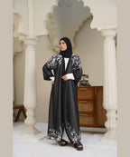 Printed Open Abaya Black Base with White Printed Floral Accents