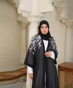 Printed Open Abaya Black Base with White Printed Floral Accents
