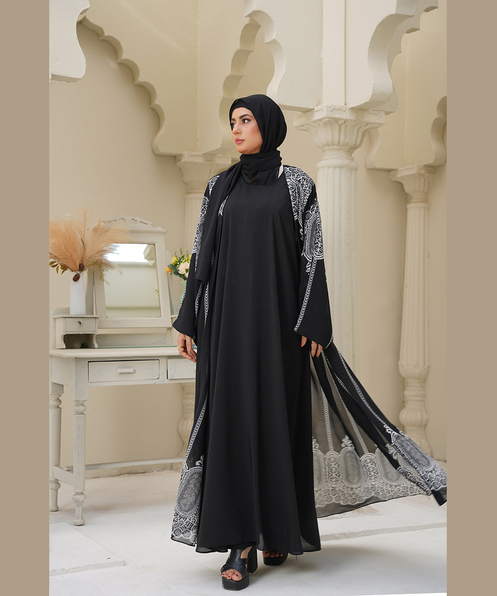 Printed Open Classic Black Base Abaya With Stoller