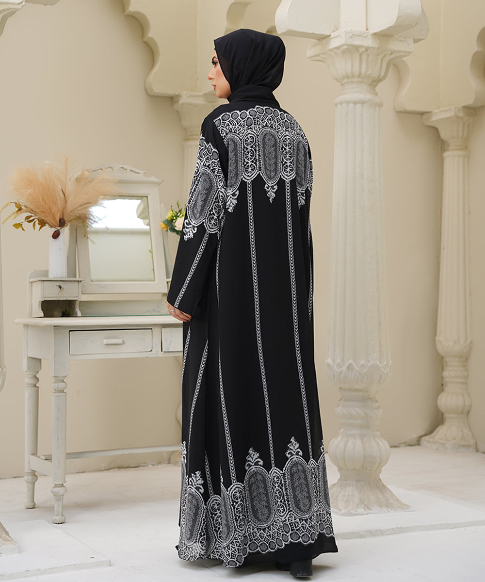 Printed Open Classic Black Base Abaya With Stoller