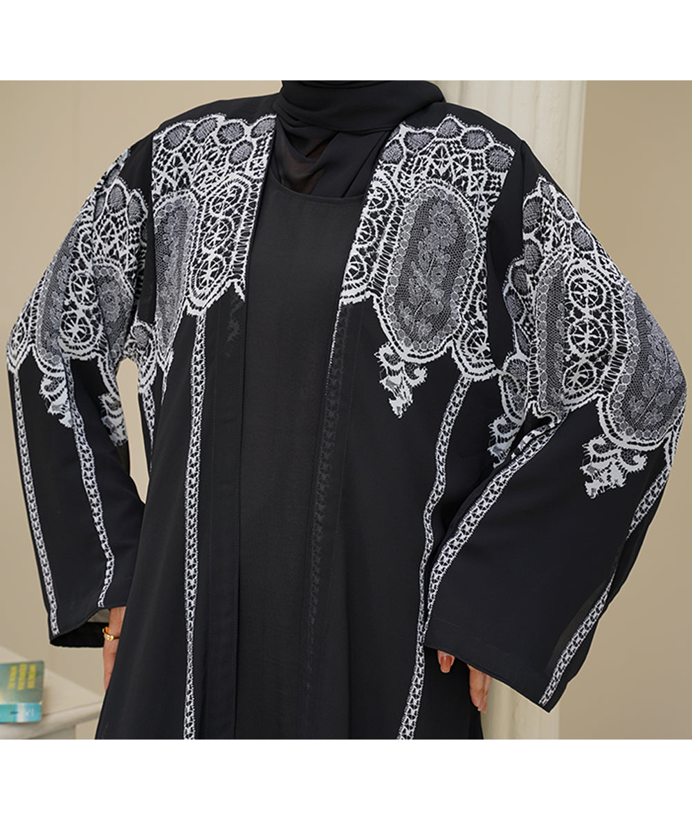 Printed Open Classic Black Base Abaya With Stoller