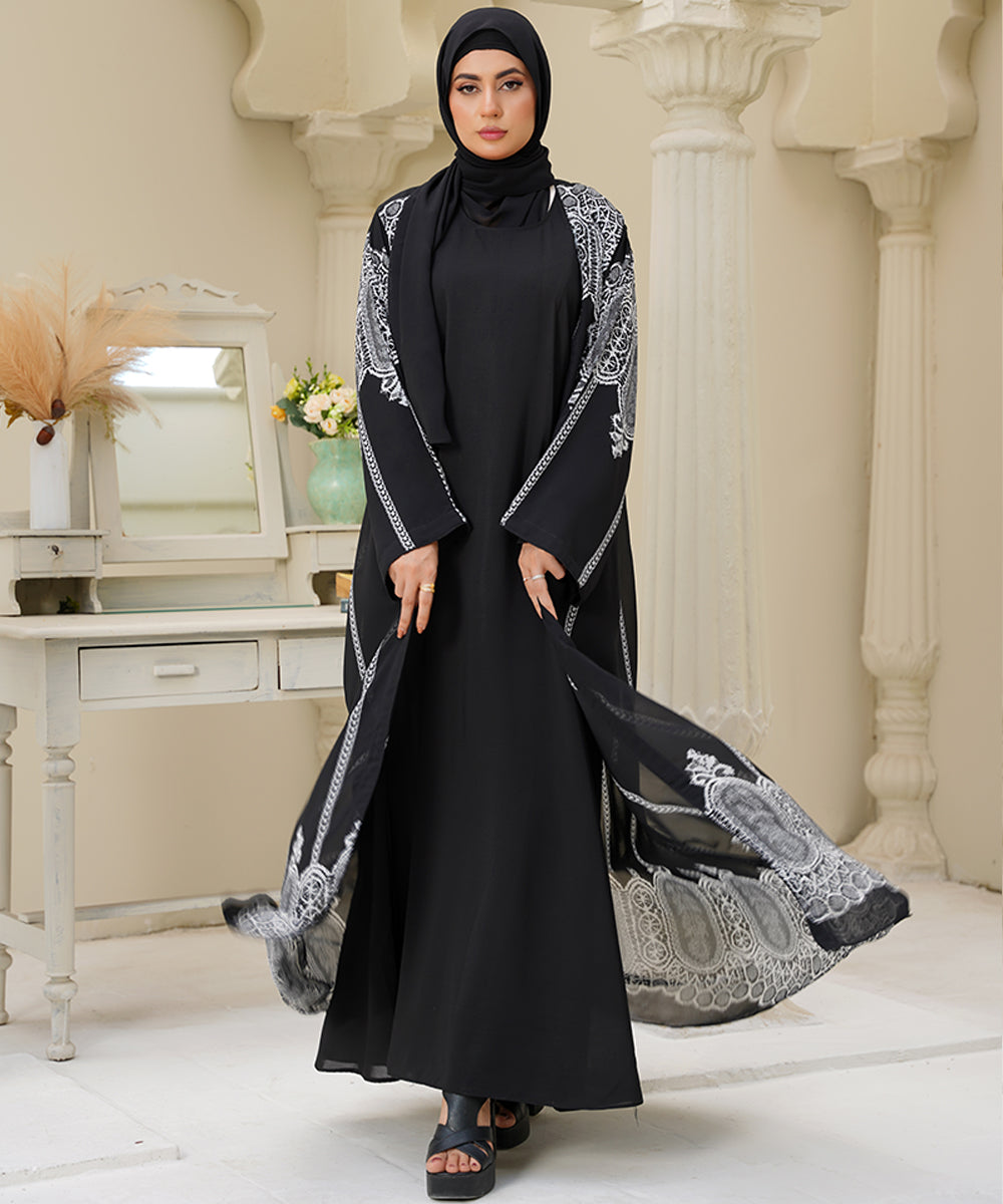 Printed Open Classic Black Base Abaya With Stoller