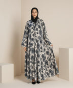 Soft Beige Base with Elegan Black & Grey Floral Print Button Front Open Abaya