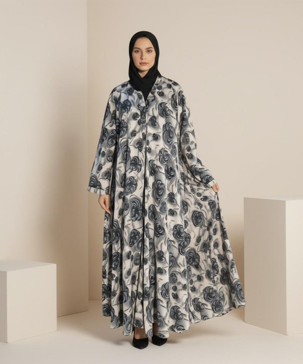 Soft Beige Base with Elegan Black & Grey Floral Print Button Front Open Abaya