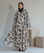 Soft Beige Base with Elegan Black & Grey Floral Print Button Front Open Abaya