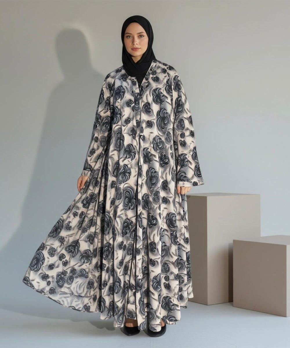 Soft Beige Base with Elegan Black & Grey Floral Print Button Front Open Abaya