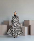 Soft Beige Base with Elegan Black & Grey Floral Print Button Front Open Abaya