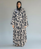 Soft Beige Base with Elegan Black & Grey Floral Print Button Front Open Abaya