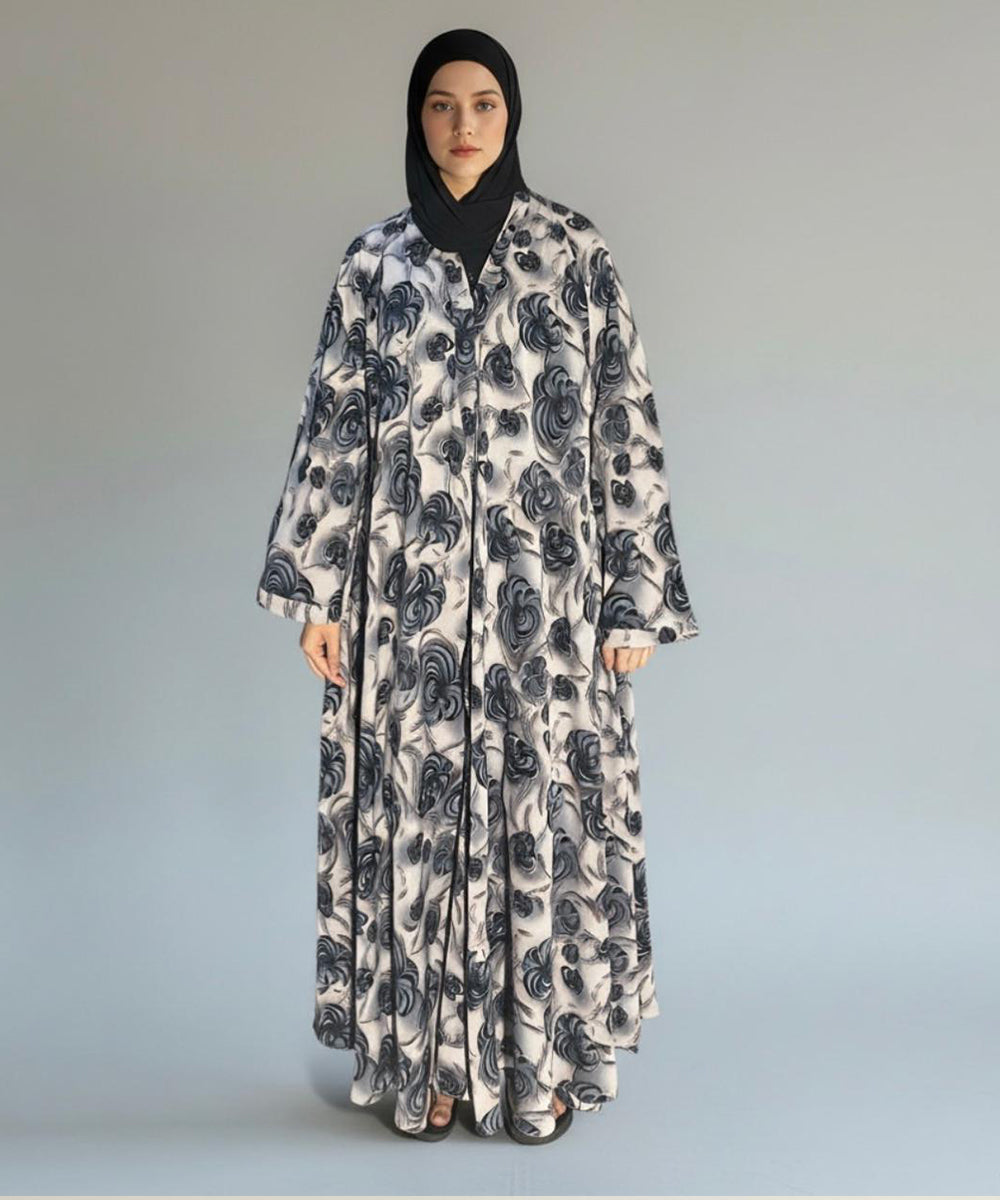 Soft Beige Base with Elegan Black & Grey Floral Print Button Front Open Abaya