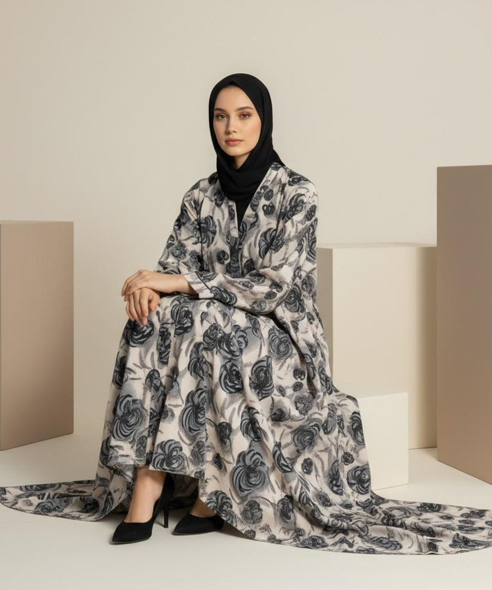 Soft Beige Base with Elegan Black & Grey Floral Print Button Front Open Abaya