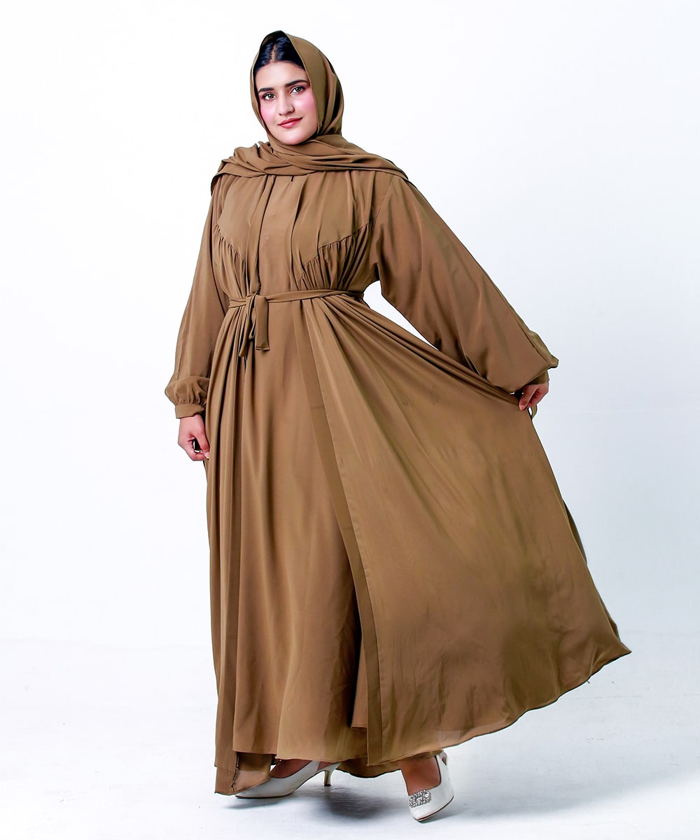 Sahara Plates Design Open Abaya Khaki Brown