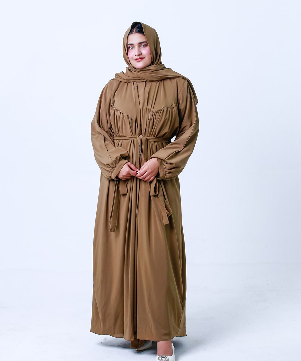 Sahara Plates Design Open Abaya Khaki Brown