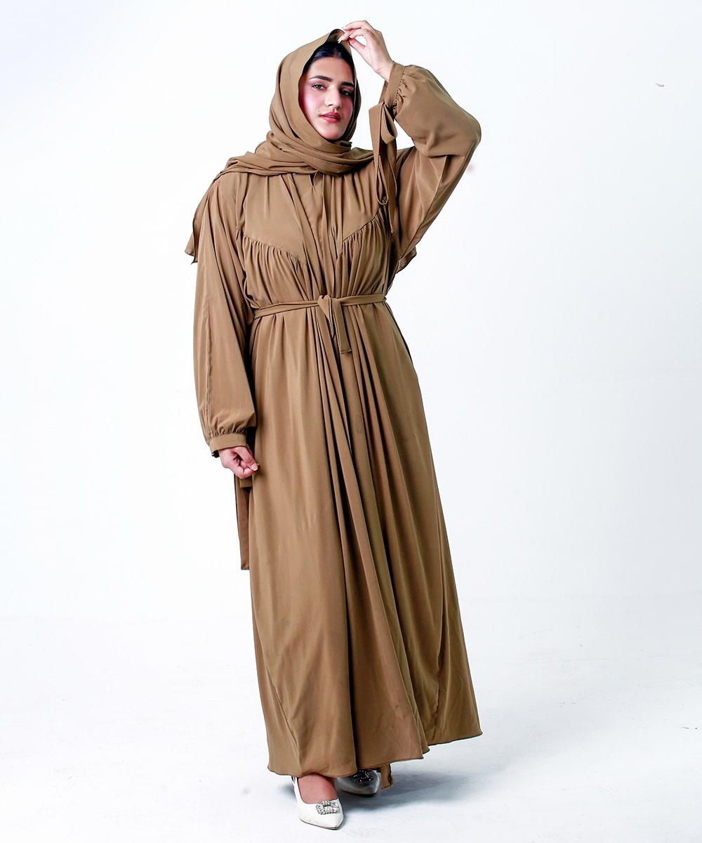 Sahara Plates Design Open Abaya Khaki Brown