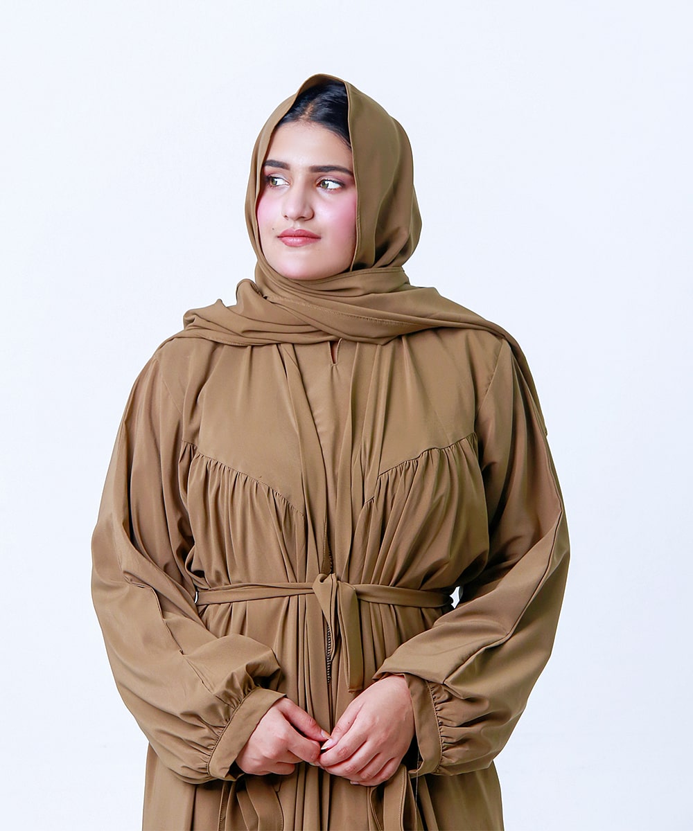 Sahara Plates Design Open Abaya Khaki Brown